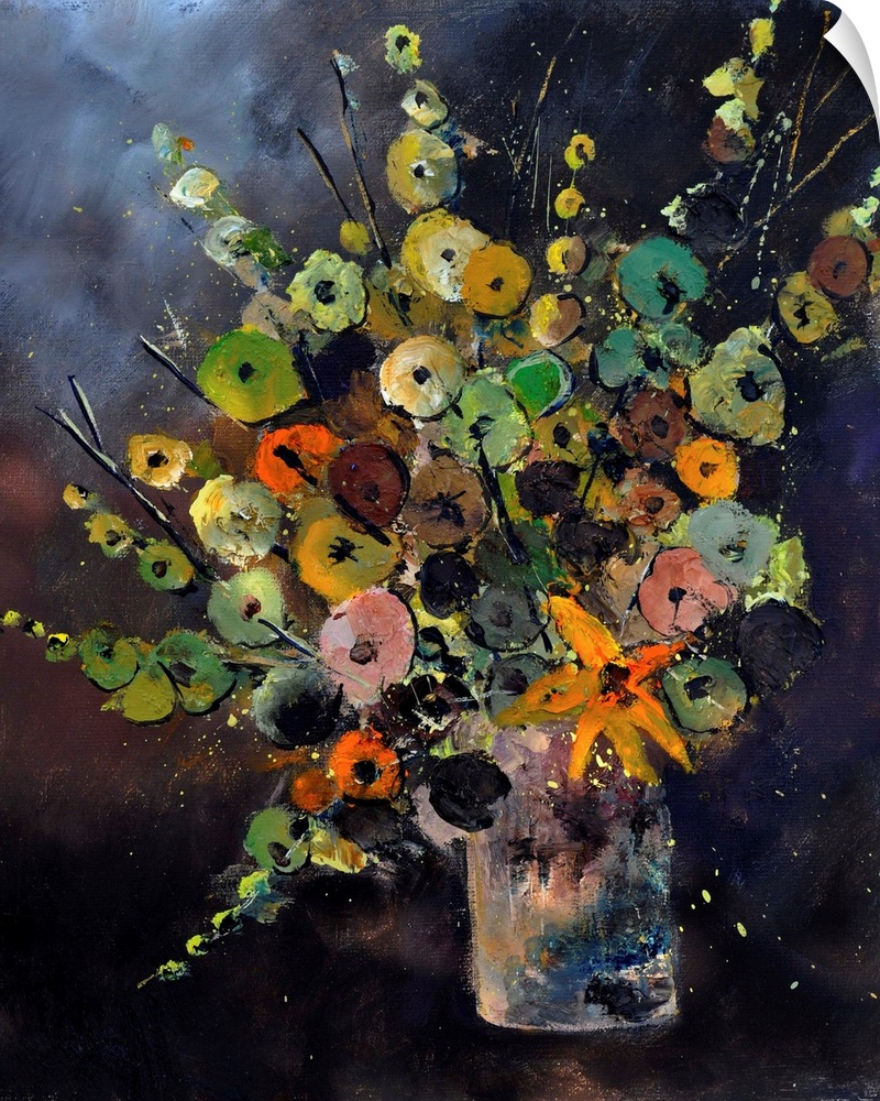 Contemporary painting of a colorful bouquet of flowers in a vase on a dark background.