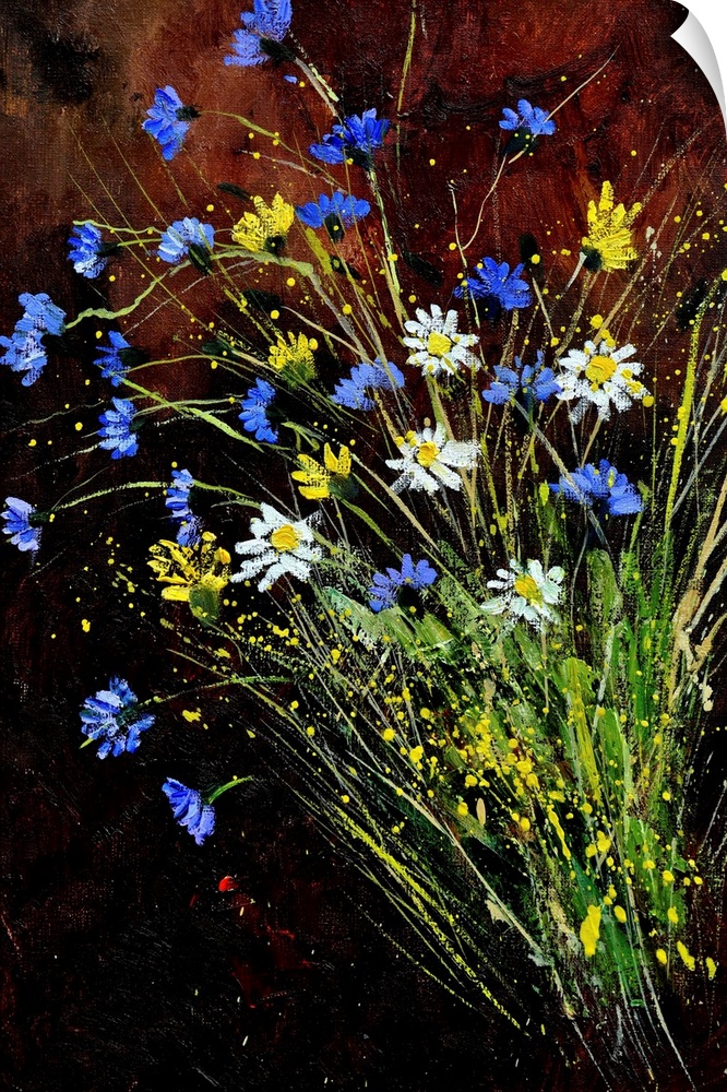 A vertical painting of a bunch of wild flowers against of dark backdrop.