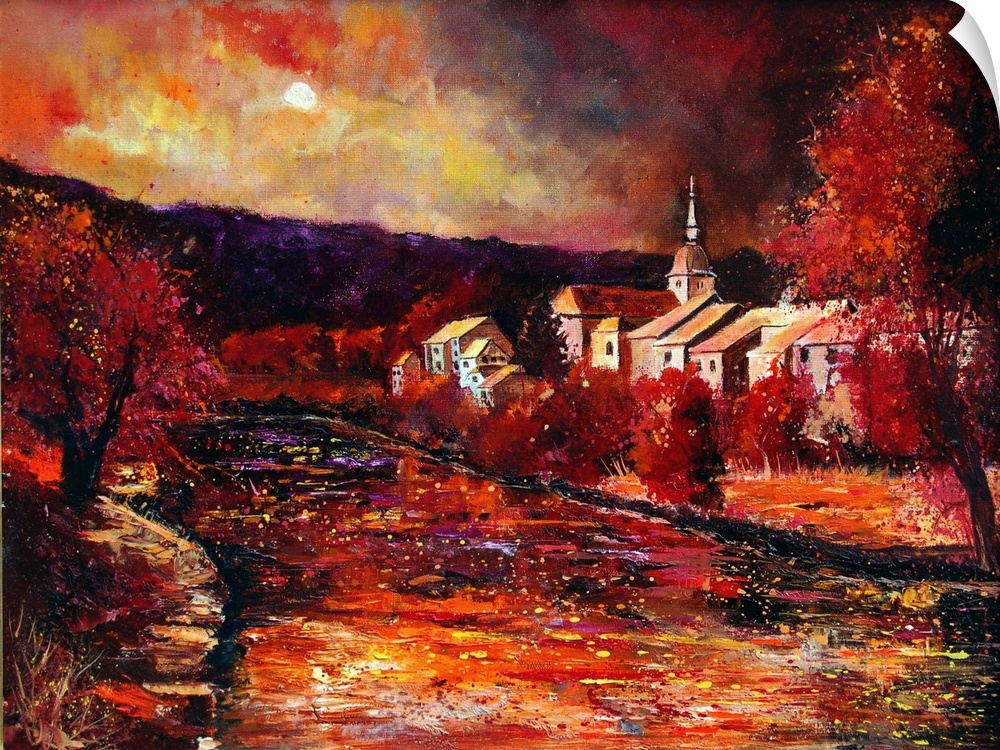 Horizontal painting of the town of Chassepierre in Belgium in vibrant shades of red.