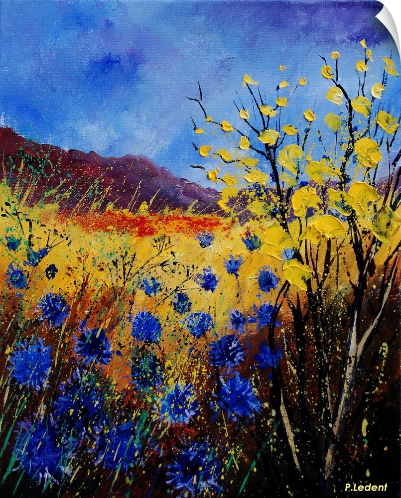 Contemporary painting of a field of cornflowers in blue, yellow and orange.