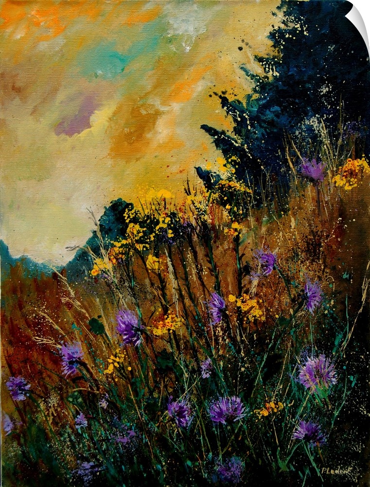 Contemporary painting of a field of purple cornflowers aligned with trees with a vibrant yellow sky.