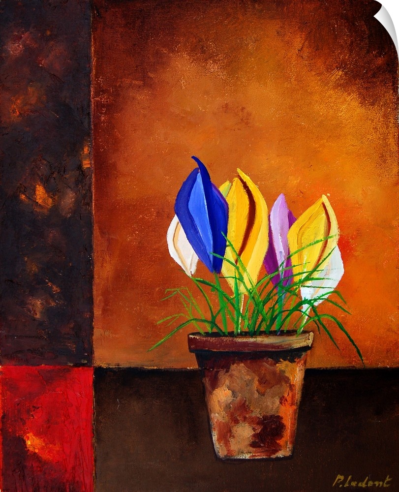 Vertical painting of a flower pot filled with multi-colored flowers on a brown background.