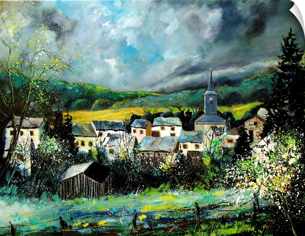 A horizontal contemporary painting of the village of Daverdisse. Daverdisse is a Walloon municipality of Belgium located i...