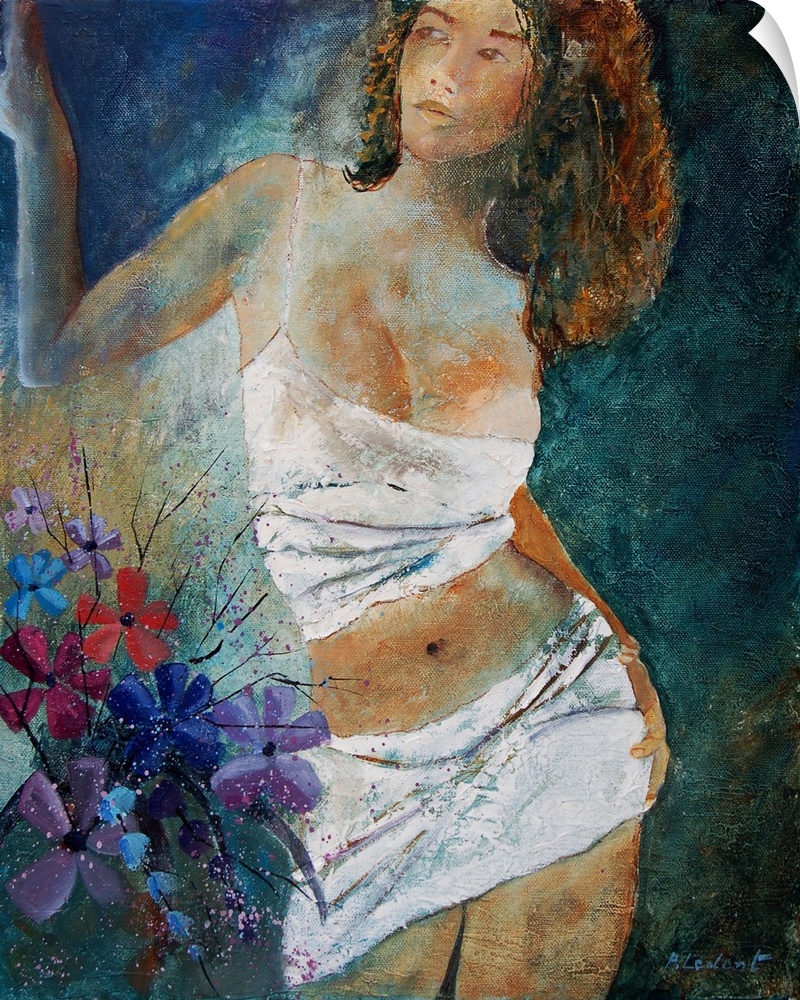 A painting of a woman in white standing next to flowers.