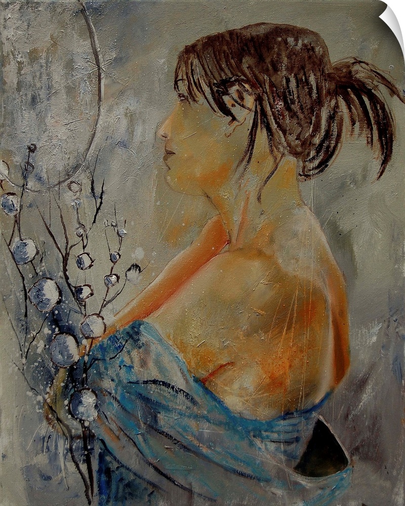 A nude painting of the profile of a woman in textured neutral colors.