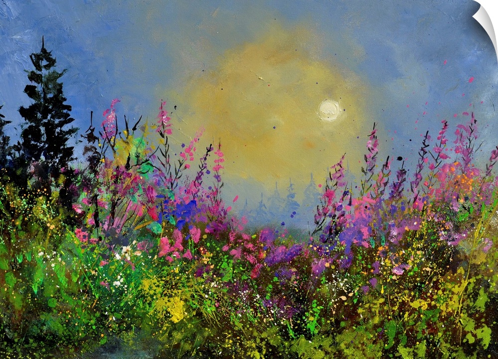 Painting of colorful flowers in a garden and a bright blue sky with small speckles of paint overlapping.
