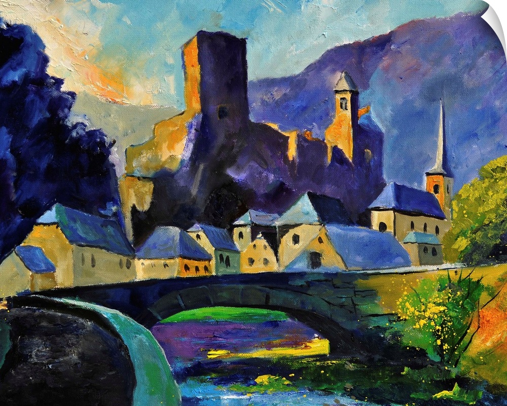 Horizontal painting of a village of Esch, Belgium in the spring time done in vibrant colors.