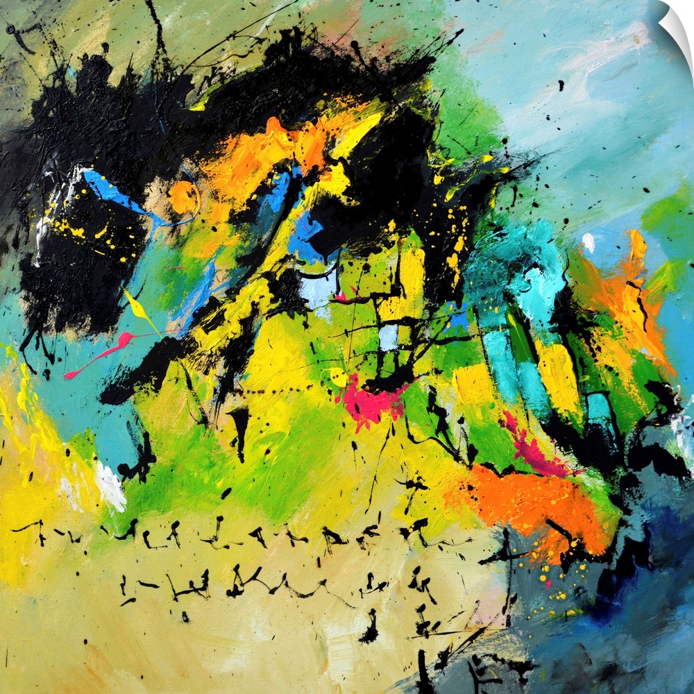A square abstract painting in dark shades of black, blue, green and yellow with splatters of paint overlapping.