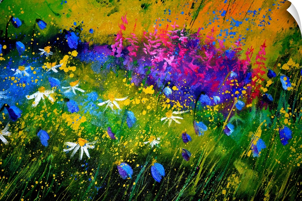 Horizontal painting of colorful flowers in a garden with small speckles of paint overlapping.