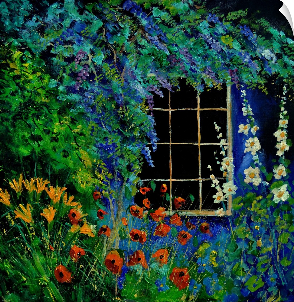 Square painting of a window surrounded by blooming flowers in a garden.