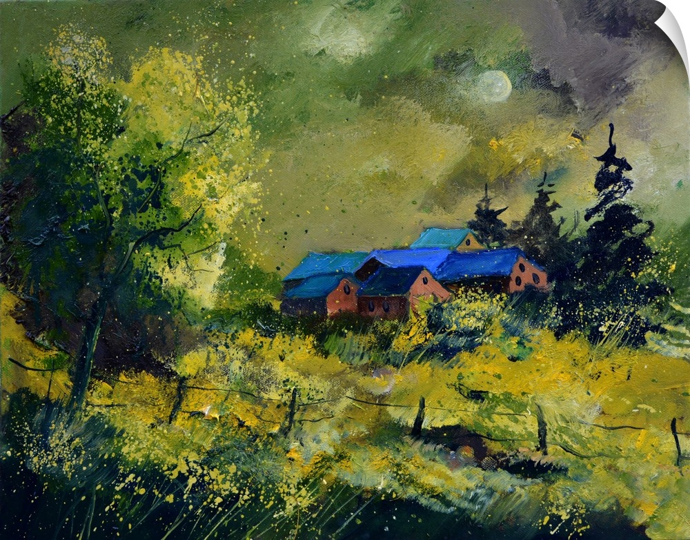 A contemporary painting of a barn framed by trees in the countryside.