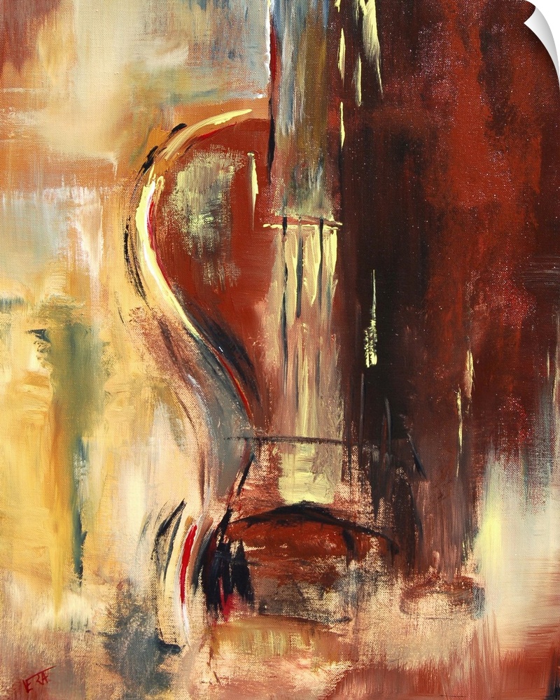 A vertical abstract painting of a violin with muted colors of red and yellow.