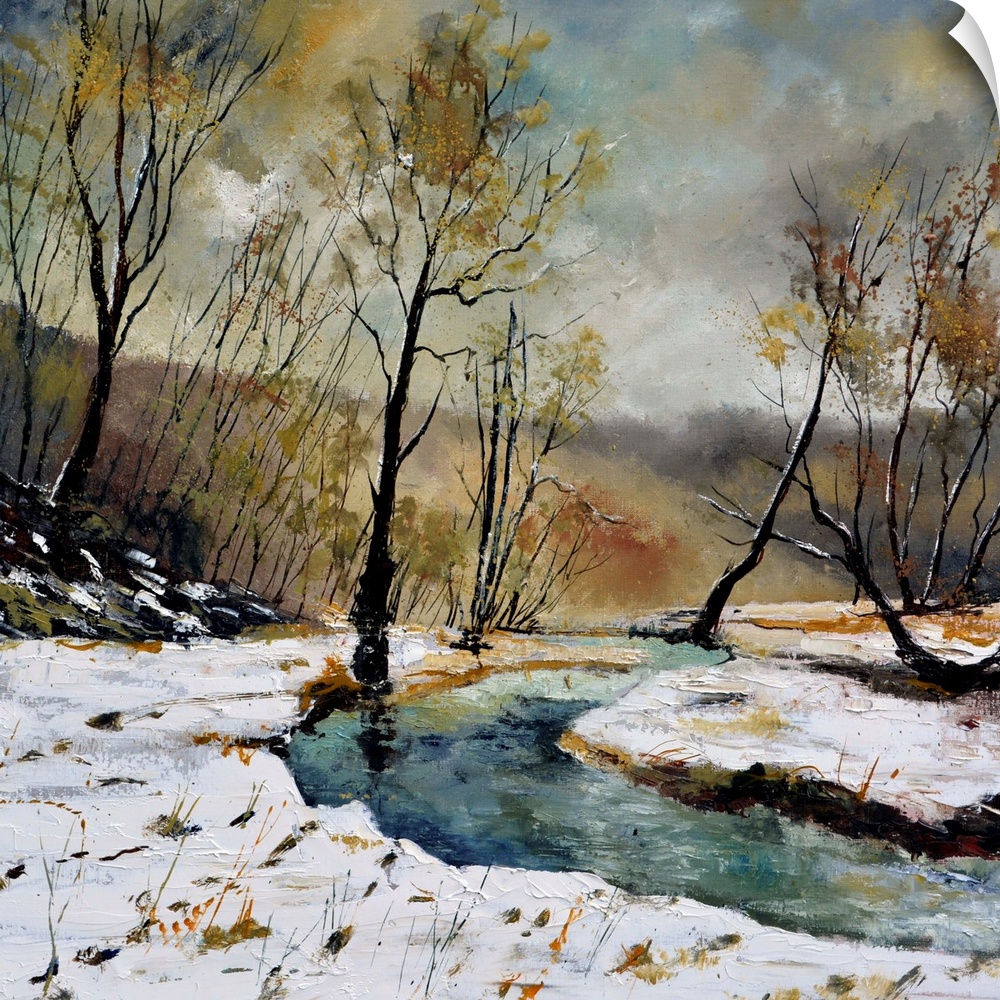 A muted painting of a winding river through a snowy countryside, with bare trees and a cloudy sky.