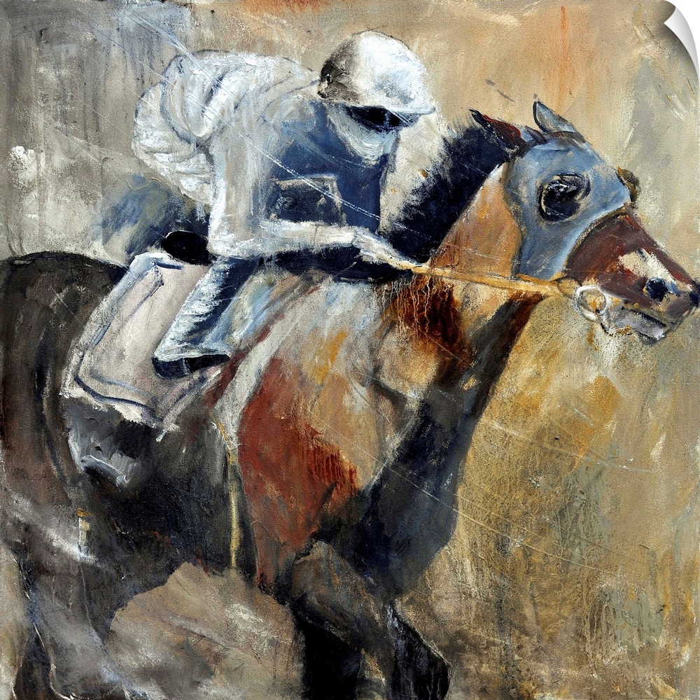 Square complementary painting of a jockey and horse racing in textured natural tones.