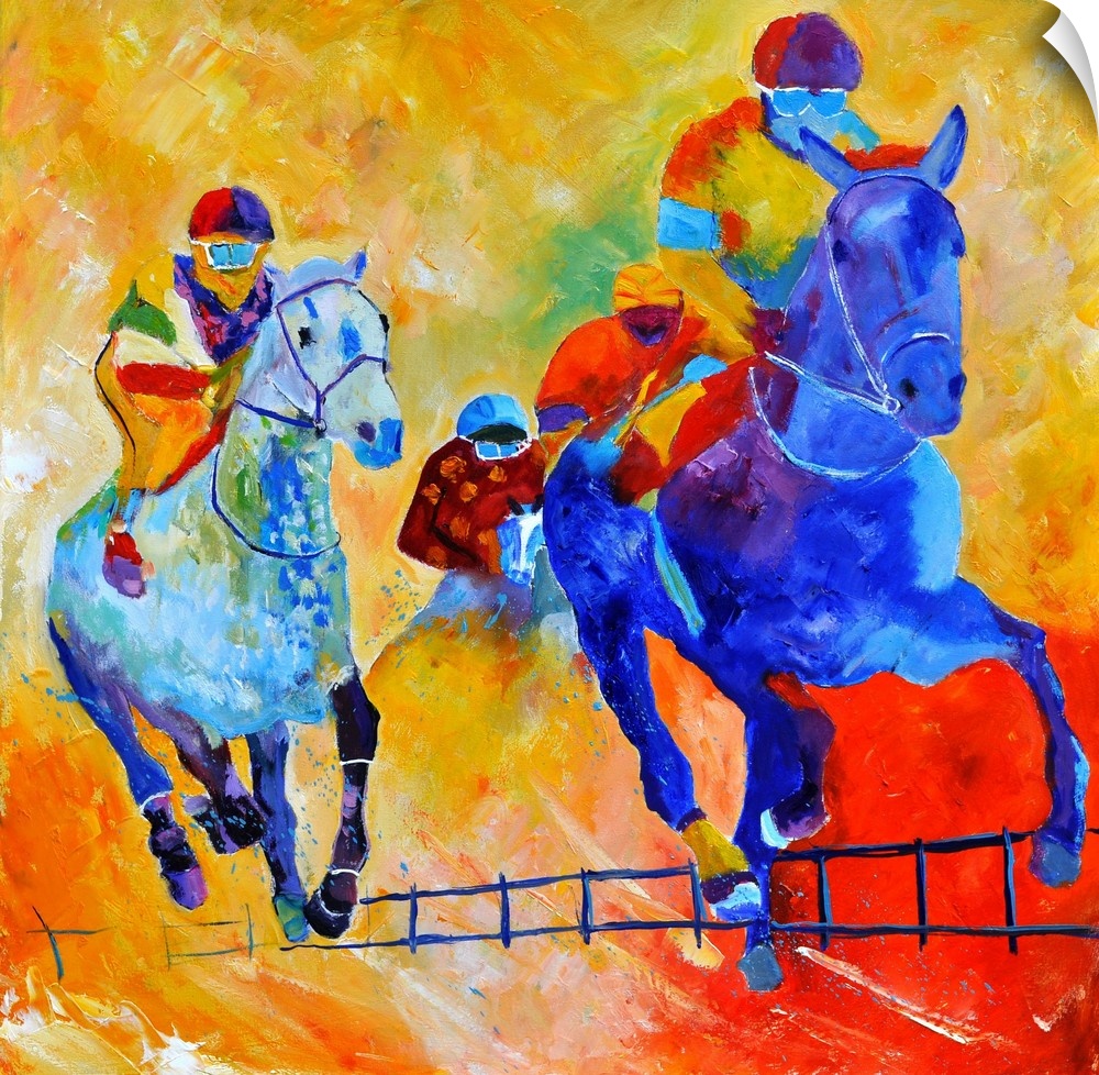 Square complementary painting of horse racing in bright textured tones of blue, yellow and red.