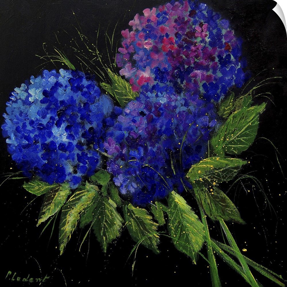 Contemporary painting of a colorful bouquet of flowers on a black background.