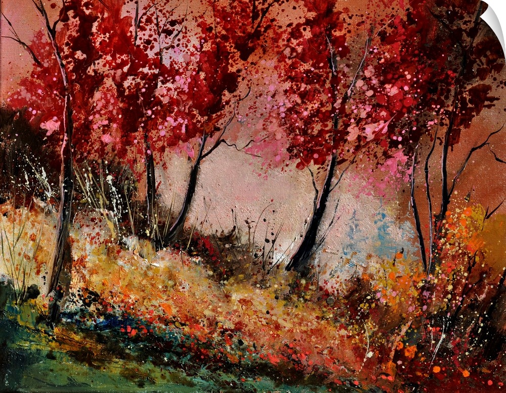 Landscape painting of a group of red leaved trees in the fall with speckles of paint overlapping.
