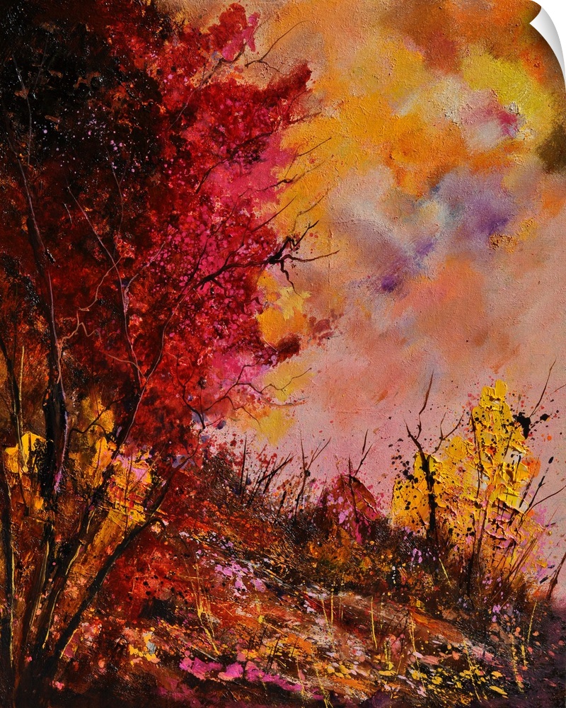Vertical painting of a group of red leaved trees in the fall with speckles of paint overlapping.