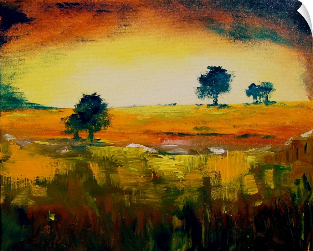 A horizontal landscape of rolling fields with a few trees in vibrant, warm colors.