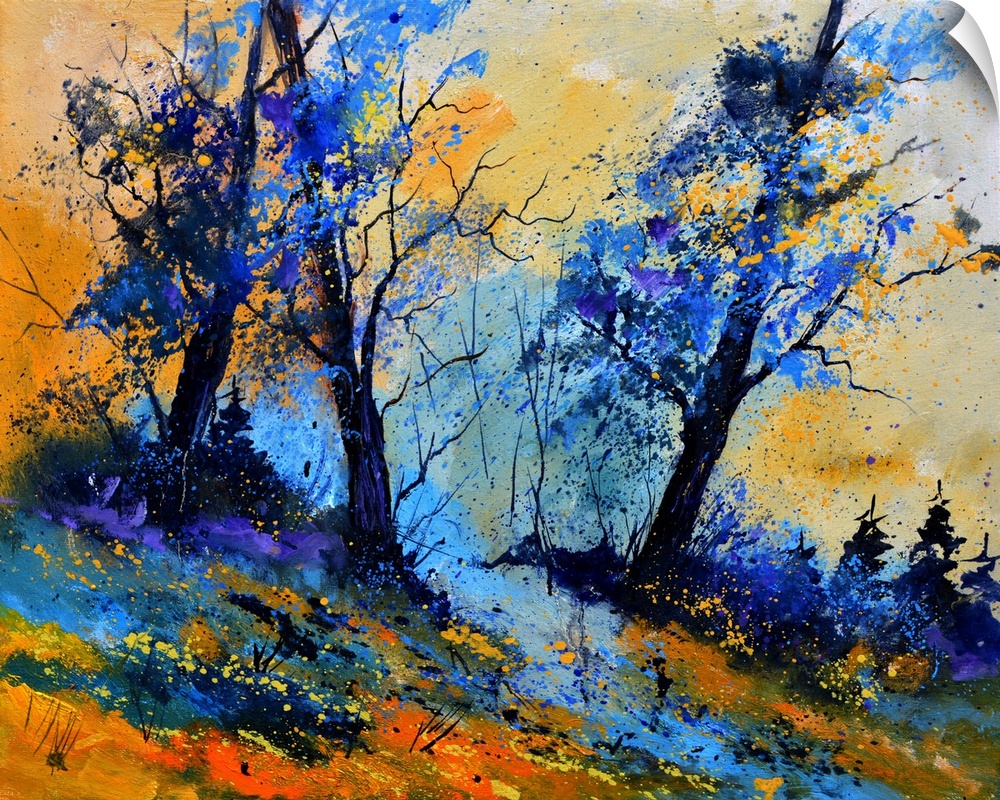 Vibrant painting of blue leaved trees, a colorful sky, and orange grass in the foreground.