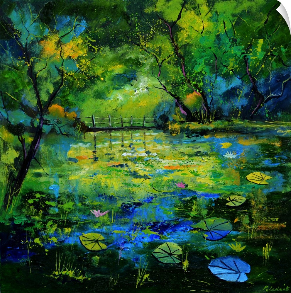 Impressionist painting of a blue, green, and yellow toned pond covered with lily pads and waterlilies and surrounded by lu...