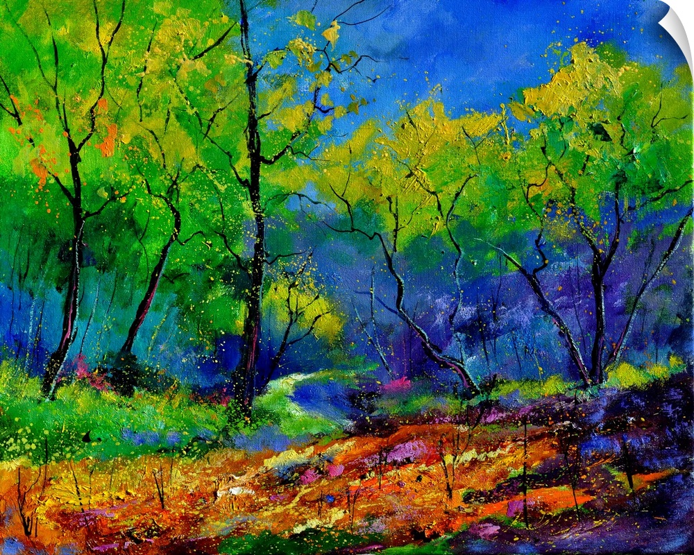 Vibrant painting of a colorful path through a forest of green leaved trees and a bright blue sky.