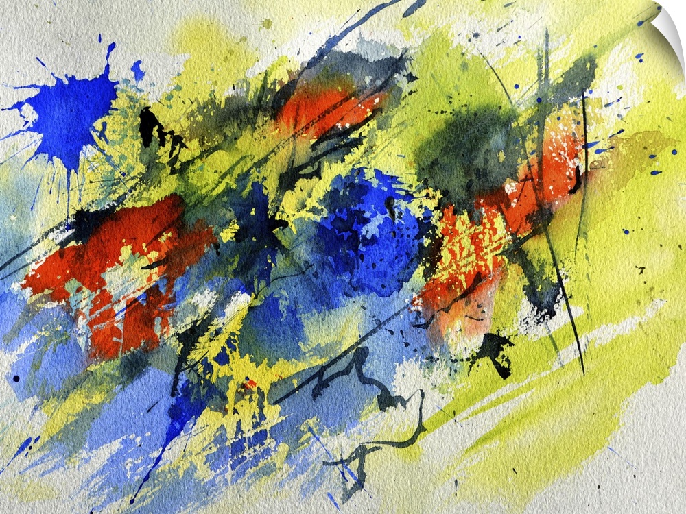 Abstract painting in shades of black, blue, red and yellow with splatters of paint overlapping.
