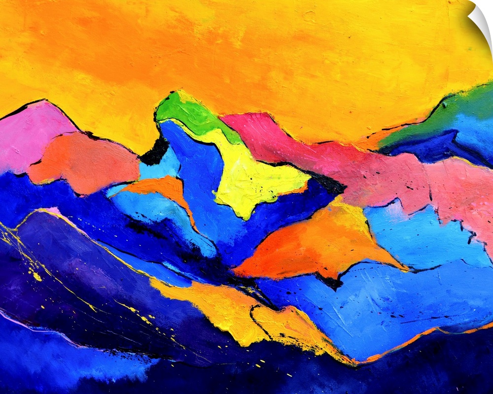 Horizontal abstract landscape of multi-colored mountain ridges in vibrant colors of orange, blue and red.