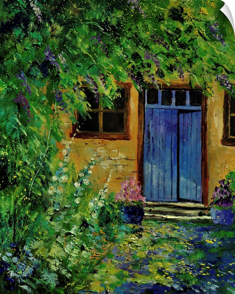 Painting of a blue door to a building surrounded by a overgrown garden.