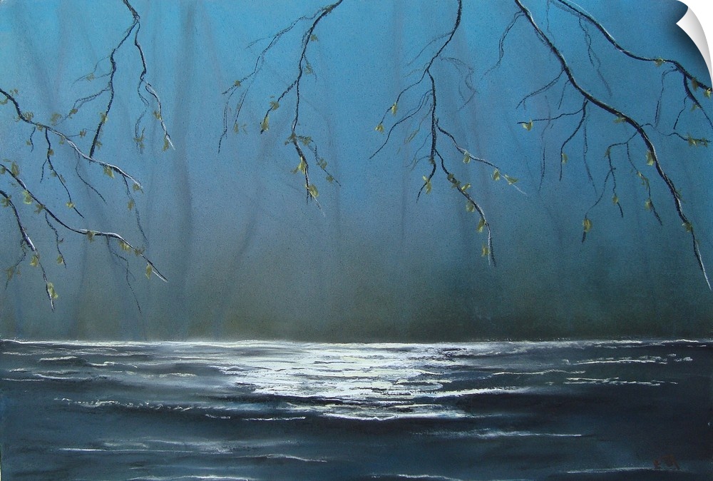 Painting of a river surround by mist and sparse trees.