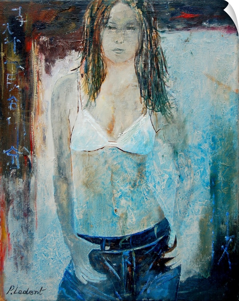 Modern portrait of a woman from the wearing a white bra and jeans.