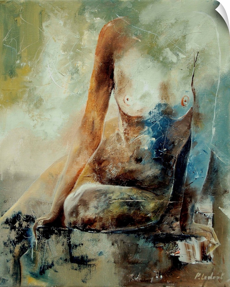 A nude painting of a woman  sitting from the shoulders down in textured neutral colors of gray, brown, blue and green.