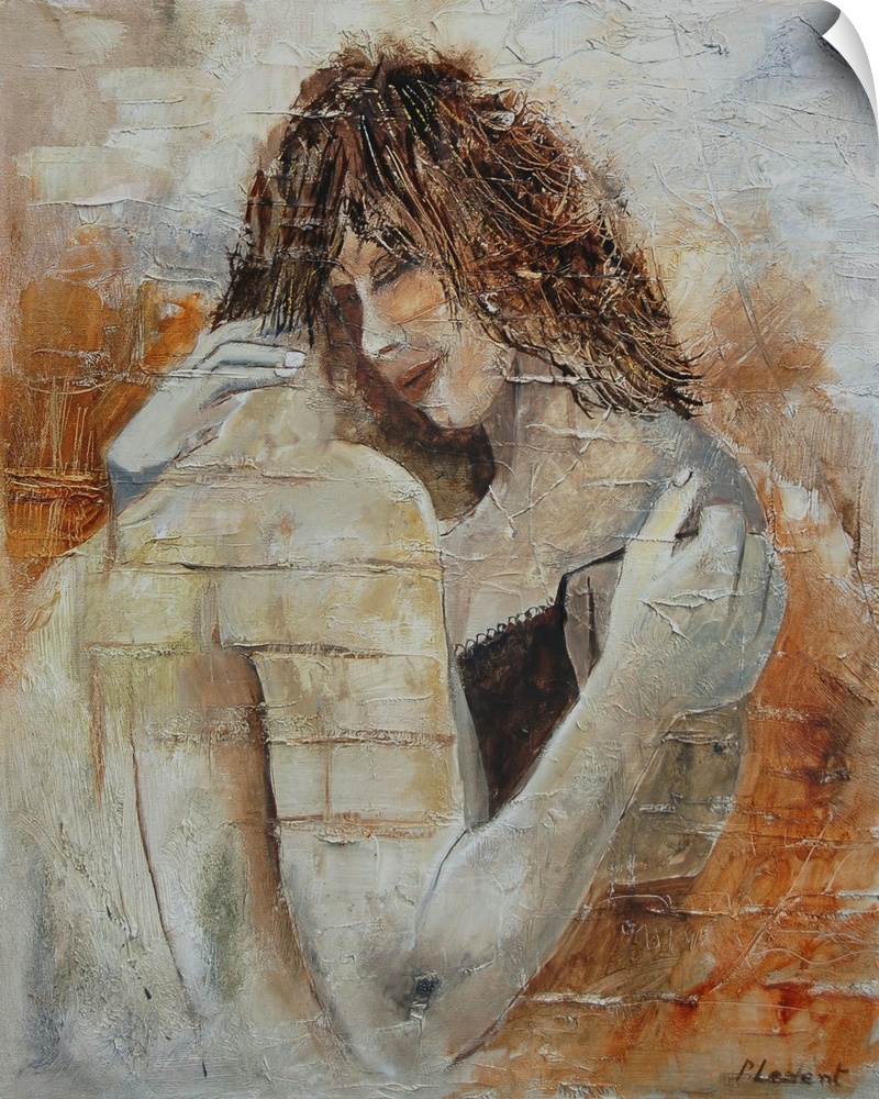 A portrait of a couple embracing done in textured, neutral colors.