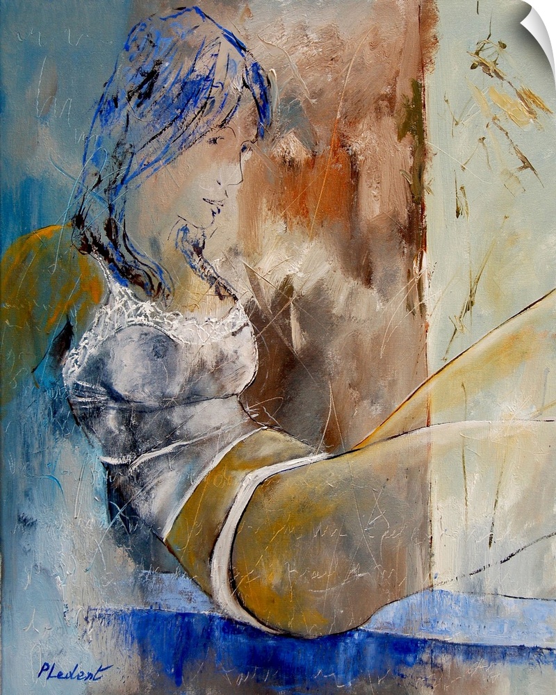 A painting of a woman in lingerie sitting in textured neutral colors of gray, brown, blue and yellow.