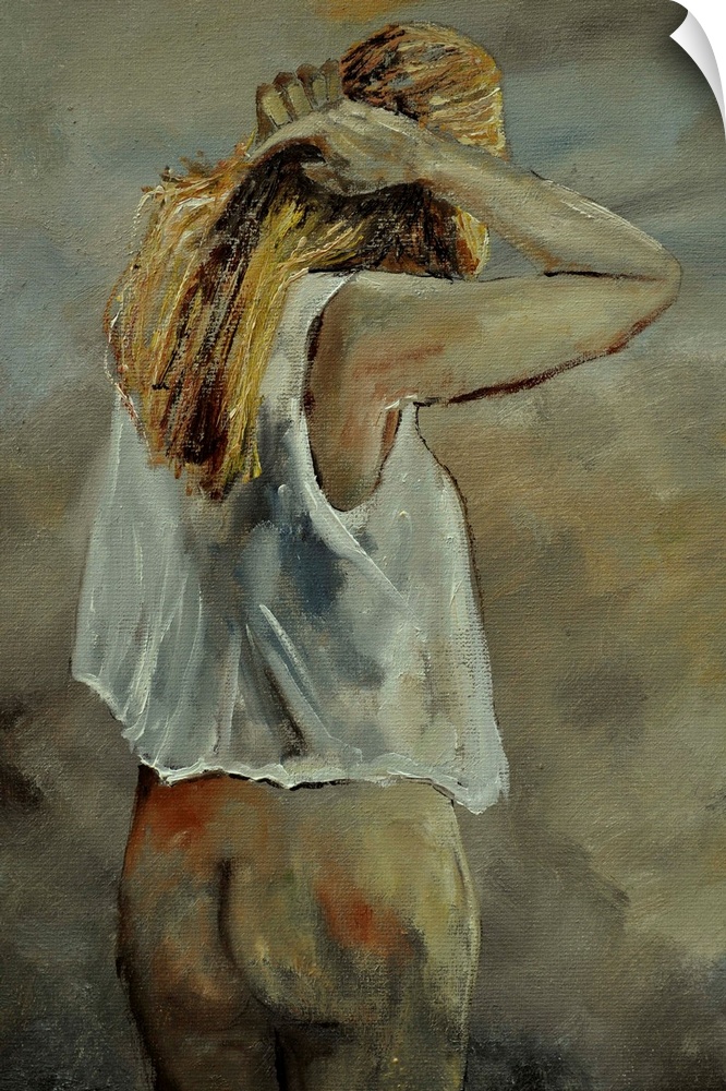 A portrait of a woman wearing only a transparent shirt as she adjusts her hair, with her back towards the viewer.