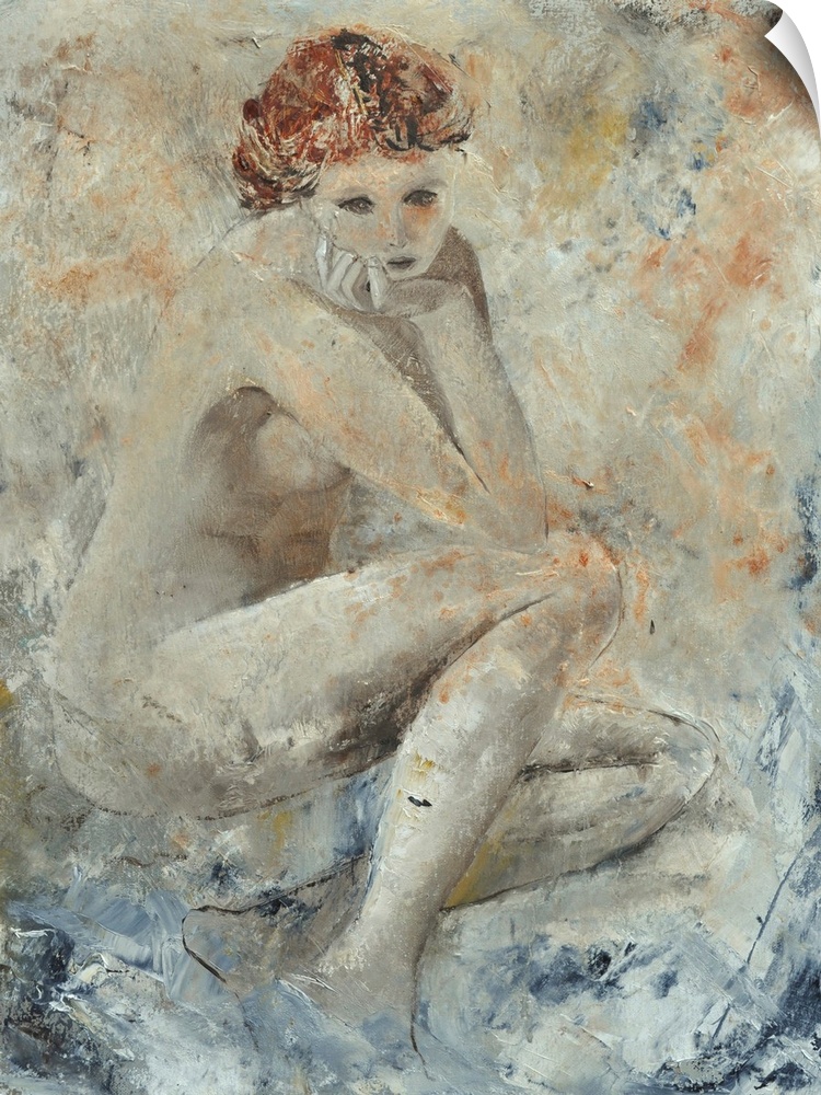 A portrait of a nude woman resting her chin on her hand as she sits, done in textured neutral tones.