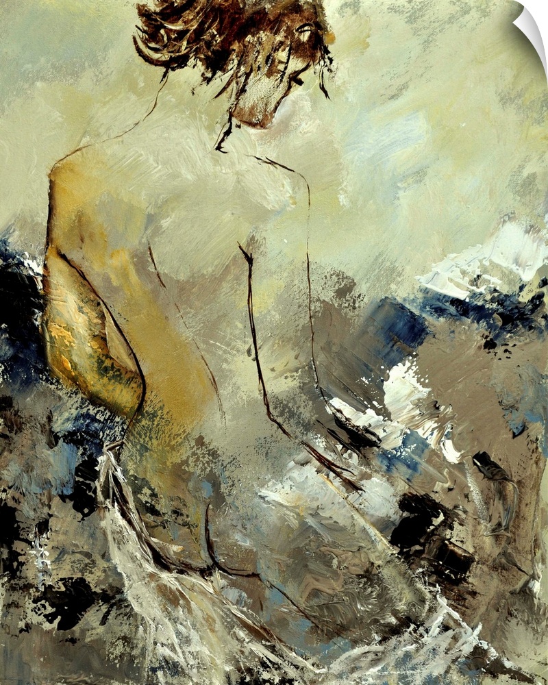 A painting of a nude woman reading a book, with her back towards the viewer, done in textured neutral tones.