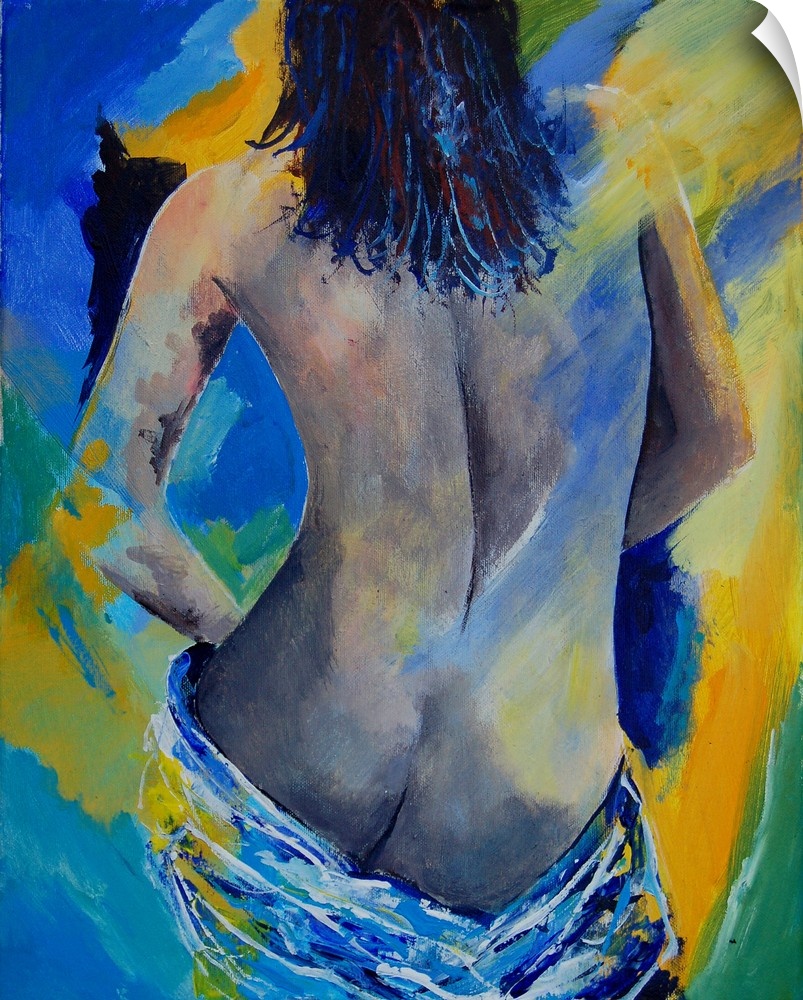 A nude painting of the back of a woman draped in a white cloth in textured colors of blue and yellow.