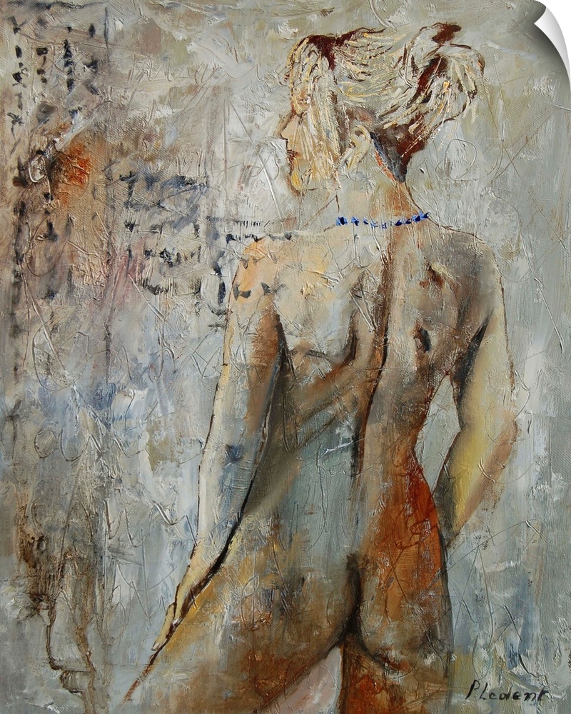 A nude painting of the back of a woman as she looks over her shoulder in neutral shades of textured paint.