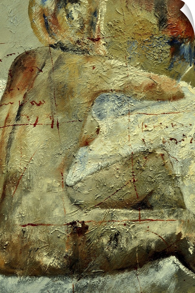 A nude painting of the back of a woman sitting in textured neutral colors and red accents.