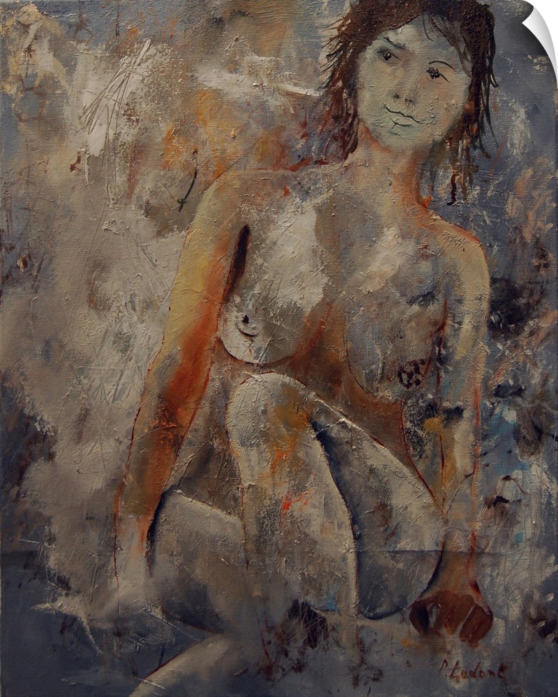 A nude portrait of a woman sitting, painted in textured neutral colors with orange accents.