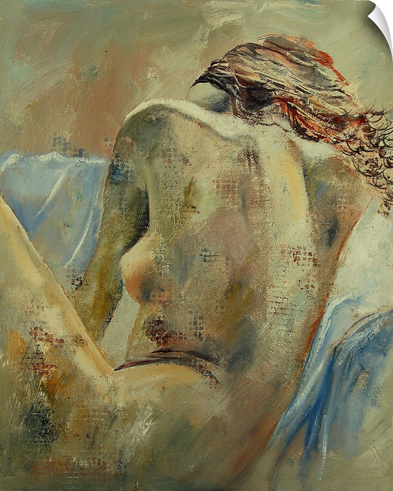 A nude portrait of a woman sitting, facing away, painted in textured neutral colors with blue accents.