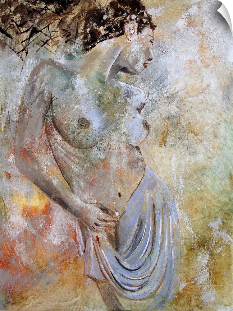 A nude painting of a woman holding a cloth to her waist in textured neutral colors and red accents.
