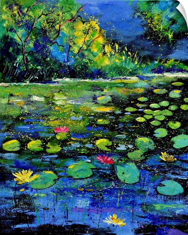Vertical painting of a pond with water lilies and small speckles of paint overlapping.