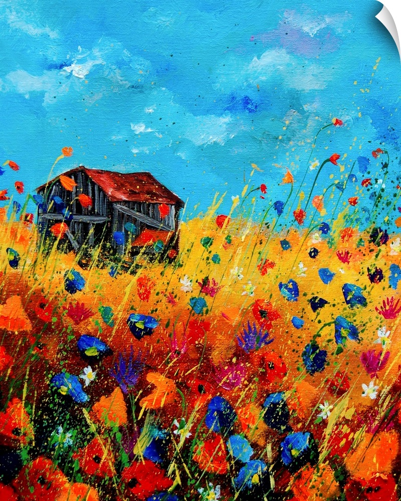 Vertical painting of a field of orange and blue poppies with a barn and splatters of multi-color paint overlapping the image.