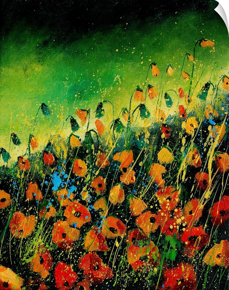 Vertical painting of a field of orange poppies with splatters of multi-color paint overlapping the image.