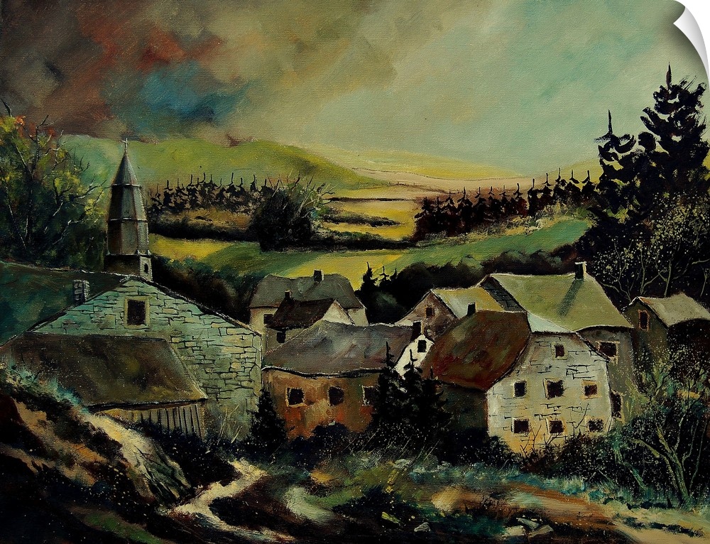 A low pitched painting of a village in Belgium.