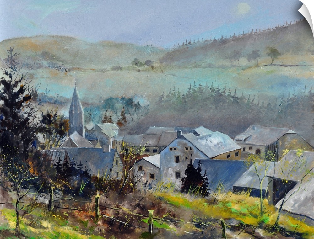Horizontal painting of an overcast day with a village surrounded by fog and mountains in the distance.
