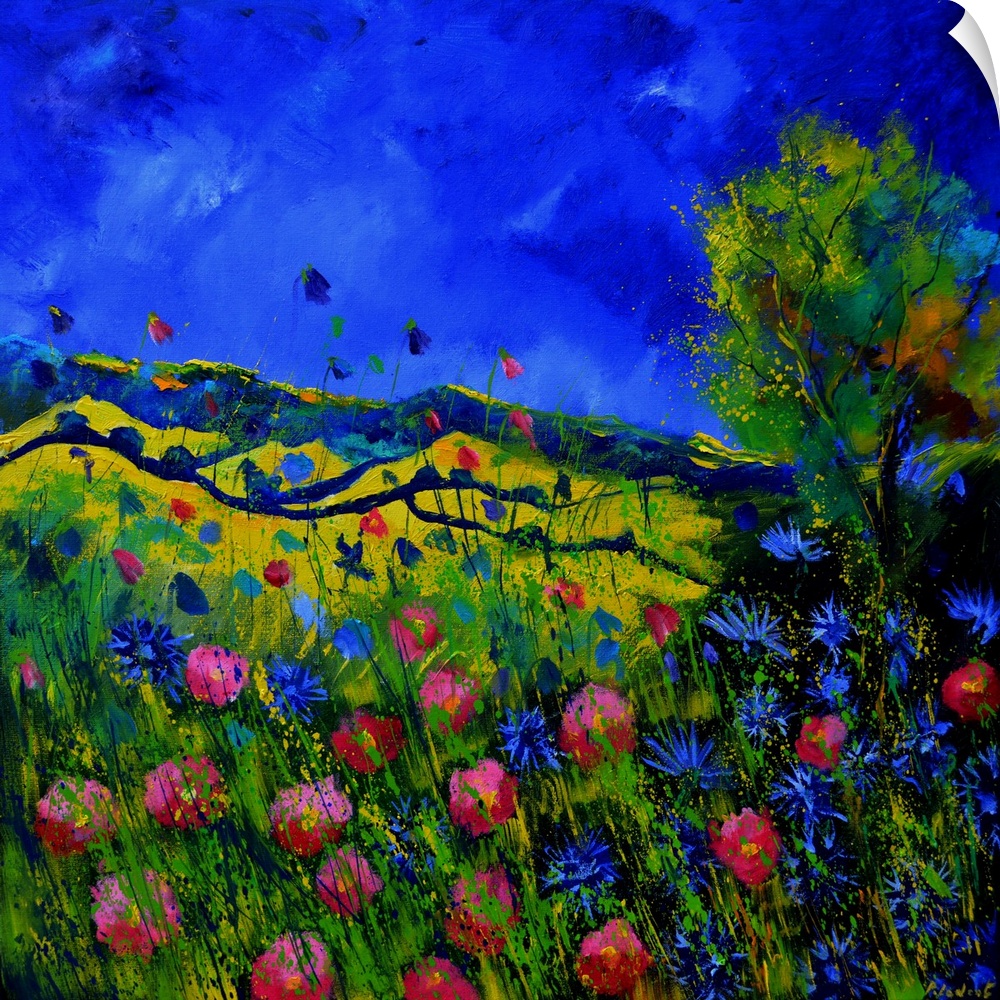 Vibrant painting of a bright Summer day with blooming flowers, a colorful sky, and rolling hills in the distance.