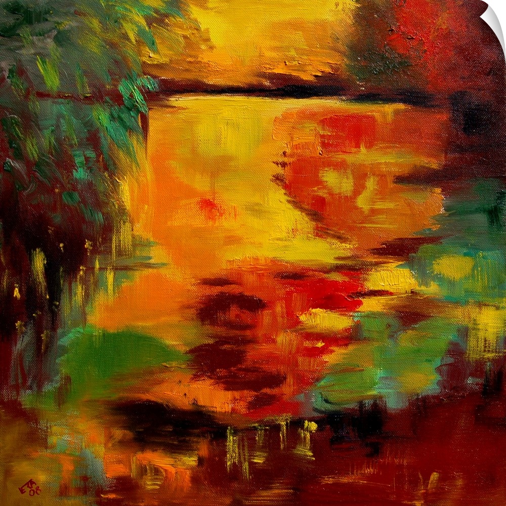 A square abstract landscape of a pond with vivid colors of yellow and orange.